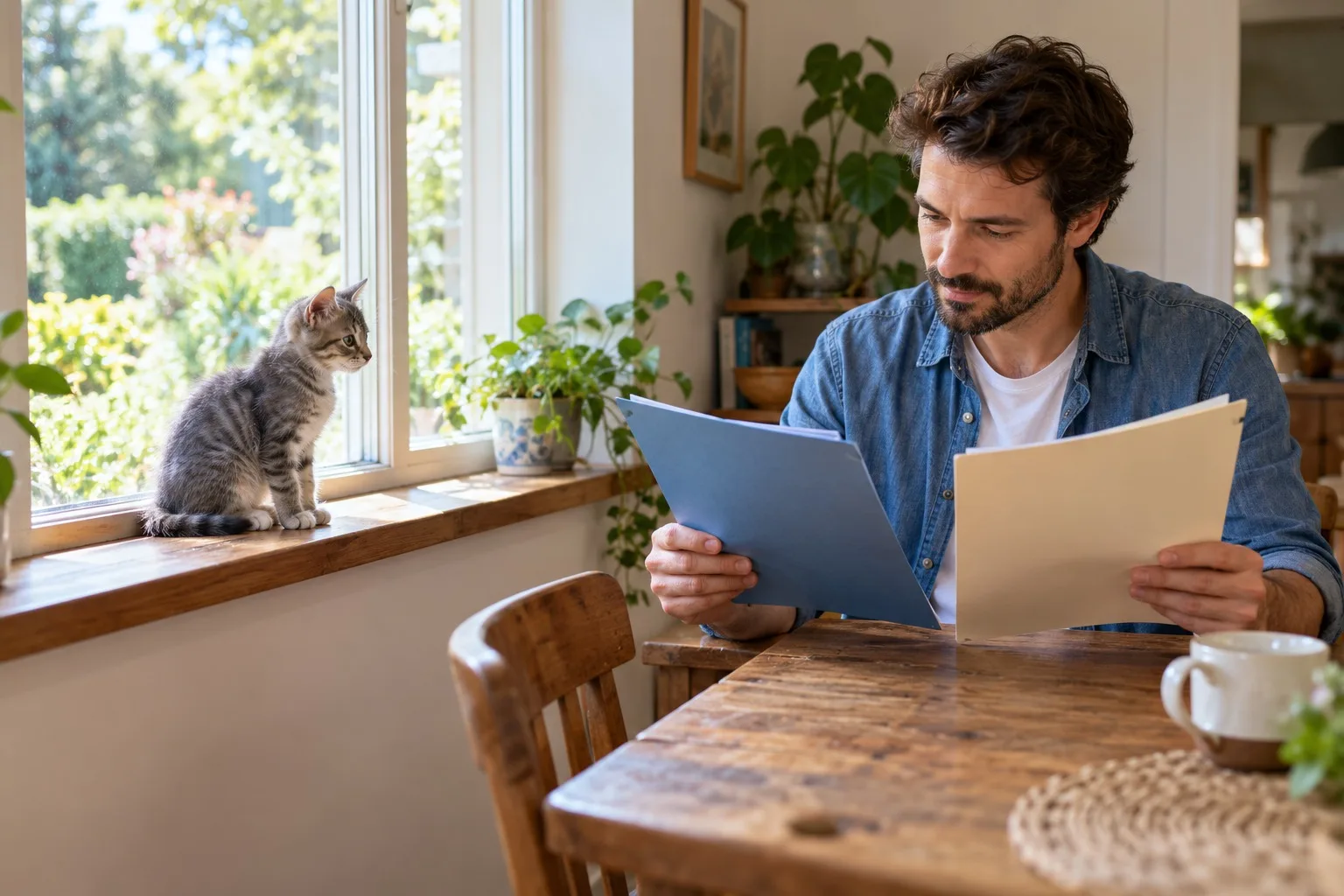 Cat sitting beside a window while an owner compares documents